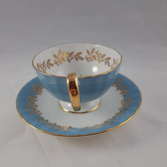 Aynsley Bone China Blue Gold Tea Cup Saucer Set Floral Interior Vintage - Picture 8 of 16